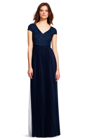 Sheath Lace Cap-Sleeve V-Neck Long Bridesmaid Dress With Pleats And Sequins