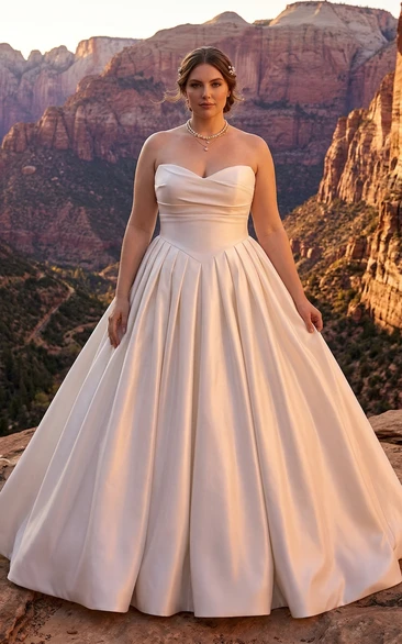 Plus Size Strapless Satin Ball Gown Wedding Dress with Pleated Skirt