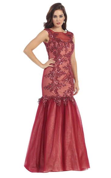 Trumpet Bateau Sleeveless Tulle Illusion Dress With Appliques And Sequins