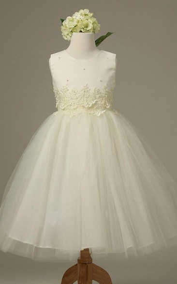 Tea-Length Floral Tiered Tulle&Lace Flower Girl Dress