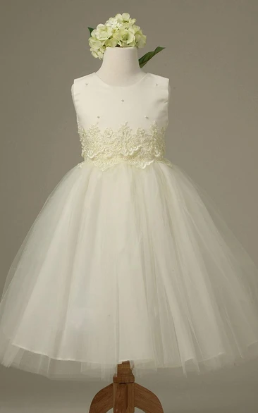 Tea-Length Floral Tiered Tulle&Lace Flower Girl Dress