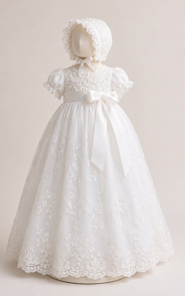 Baby Christening Gown Vintage Modest Princess Ball Gown Puff Sleeve Tulle Lace Floor-Length with Bonnet in White