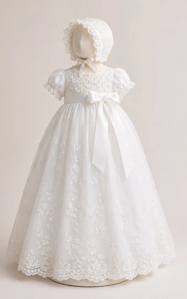 Baby Christening Gown Vintage Modest Princess Ball Gown Puff Sleeve Tulle Lace Floor-Length with Bonnet in White