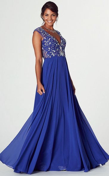 V-Neck Crystal Cap Sleeve Chiffon Prom Dress With Keyhole
