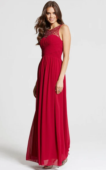 Floor-Length Ruched Sleeveless Scoop Neck Chiffon Bridesmaid Dress With Beading