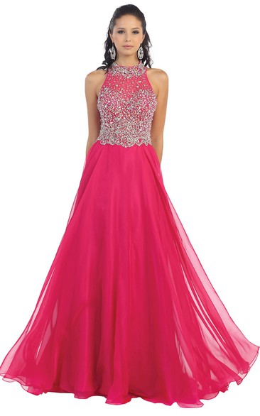 A-Line Jewel-Neck Sleeveless Chiffon Illusion Dress With Beading And Pleats