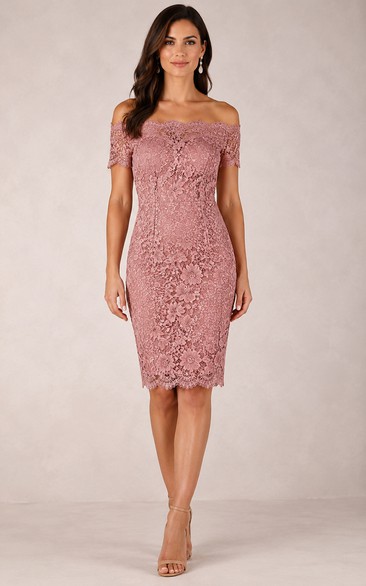 Pencil Knee-Length Off-the-Shoulder Short Sleeve Lace Wedding Guest Dress with Lace