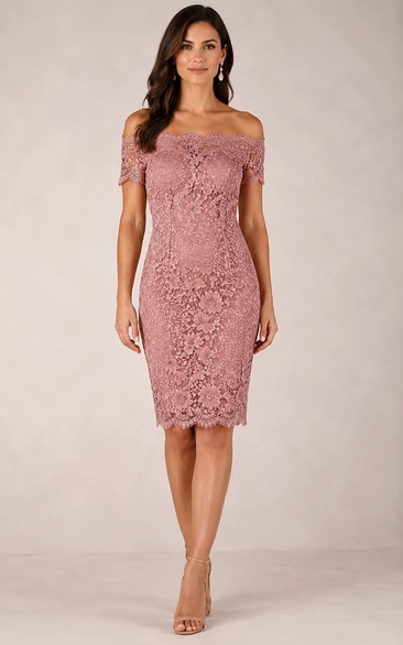 Pencil Knee-Length Off-the-Shoulder Short Sleeve Lace Wedding Guest Dress with Lace