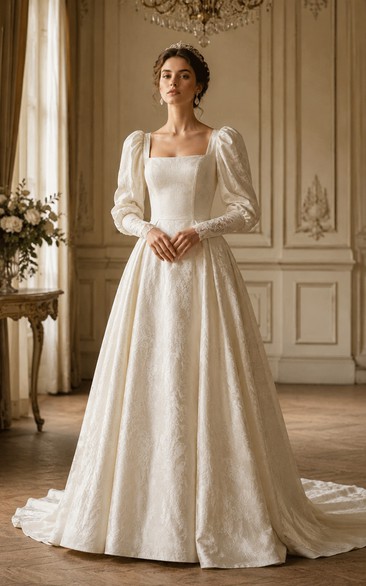 Square Neck Puff Sleeve Lace A-Line Vintage Wedding Dress