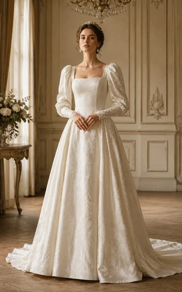 Square Neck Puff Sleeve Lace A-Line Vintage Wedding Dress