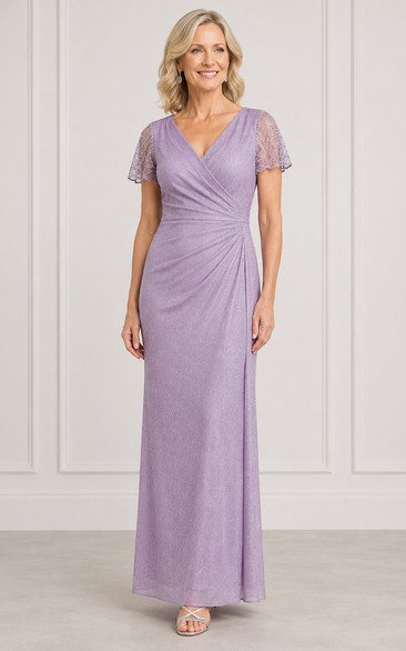 Lilac V-neck Short Sleeve Chiffon Mother Dress