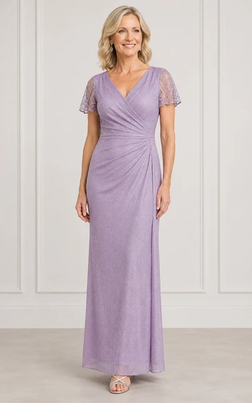 Lilac V-neck Short Sleeve Chiffon Mother Dress