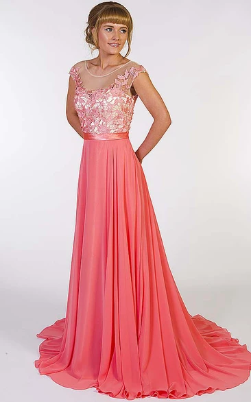 A-Line Scoop-Neck Appliqued Floor-Length Chiffon Prom Dress With Pleats