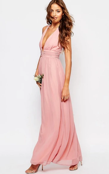 Ankle-Length Sleeveless V-Neck Pleated Chiffon Bridesmaid Dress With Straps