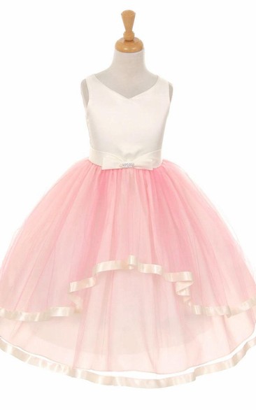 Peplum Tea-Length Bowed Tiered Tulle&Satin Flower Girl Dress With Sash