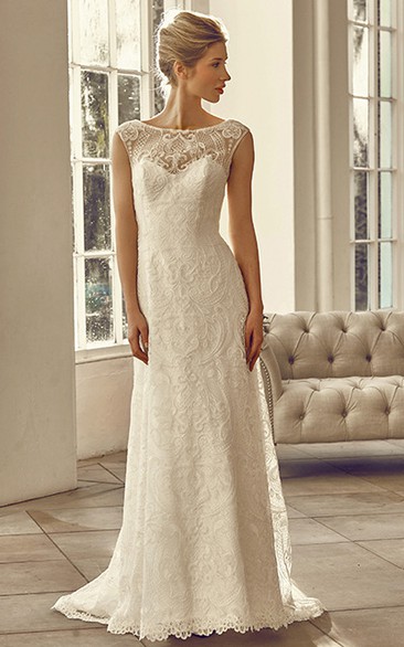 Floor-Length Bateau Cap-Sleeve Appliqued Lace Wedding Dress