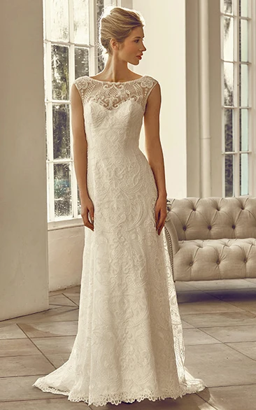 Floor-Length Bateau Cap-Sleeve Appliqued Lace Wedding Dress