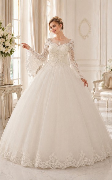 Glamorous Long Sleeve Sequins Lace Wedding Dresses Ball Gown Tulle