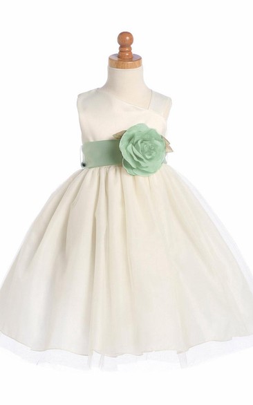 Tea-Length Floral Tiered Tulle&Satin Flower Girl Dress