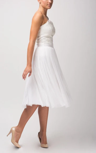 Strapless A-Line Knee Length Tulle Dress With Lace Bodice and Pleated Skirt