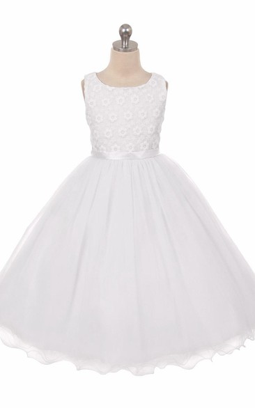 Tea-Length Floral Tiered Tulle&Satin Flower Girl Dress With Embroidery