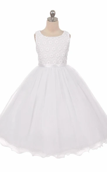 Tea-Length Floral Tiered Tulle&Satin Flower Girl Dress With Embroidery