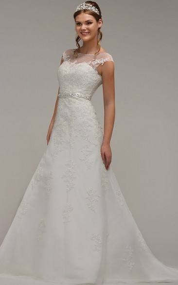 A-Line Jeweled Cap-Sleeve Scoop-Neck Lace Wedding Dress With Bow
