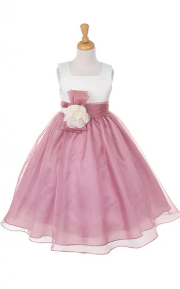 Sleeveless Square-neck Organza Dress With With Flower Belt