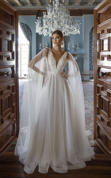 A-line V Neck Sleeveless Court Train Organza Wedding Dress with Appliques and Deep-V Back