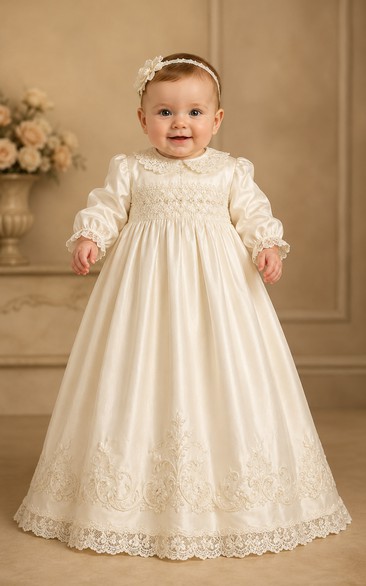 Baby Christening Gown Modest Princess Ball Gown Long Sleeve Illusion Tulle Lace Floor-Length with Bow Sash in Ivory