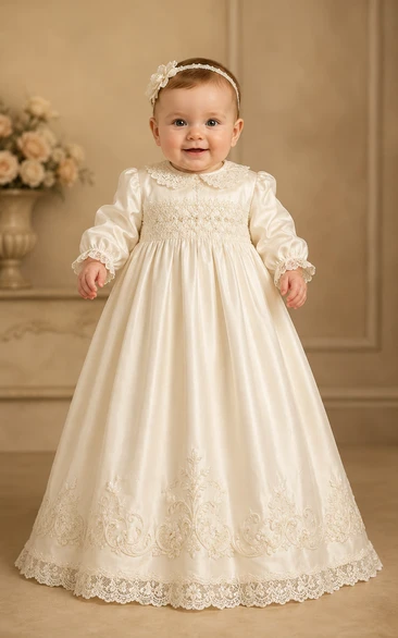Baby Christening Gown Modest Princess Ball Gown Long Sleeve Illusion Tulle Lace Floor-Length with Bow Sash in Ivory