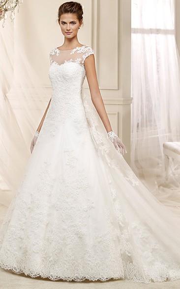 Cap sleeve A-line Wedding Dress with Illusive Design and Low-V Back