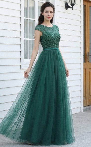 Cap-Sleeve Scoop Neck Tulle A-Line Dress