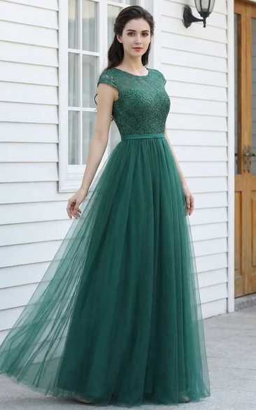 Cap-Sleeve Scoop Neck Tulle A-Line Dress