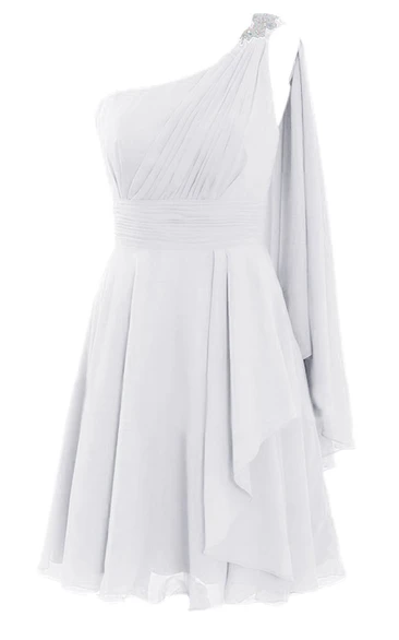 One-shoulder Beaded Short Layered Chiffon Dress