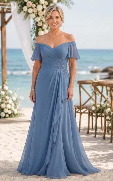 Steel Blue Off-the-Shoulder A-Line Chiffon Mother Dress