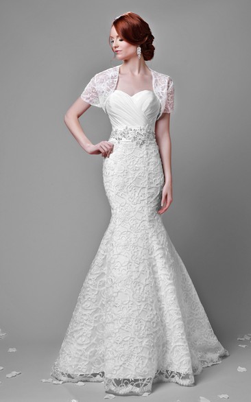 Sweetheart Mermaid Lace Wedding Dress With Metallic Waist And Short Sleeve Jacket