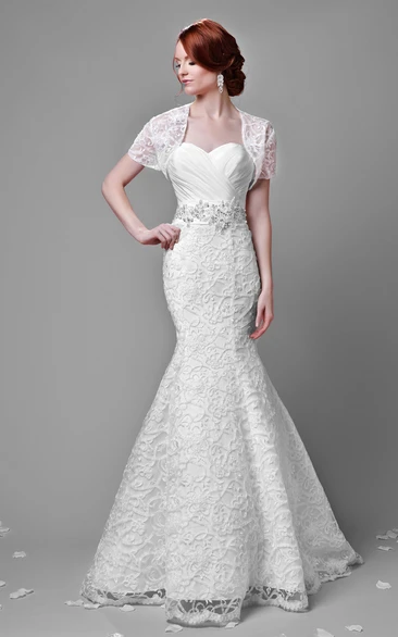Sweetheart Mermaid Lace Wedding Dress With Metallic Waist And Short Sleeve Jacket