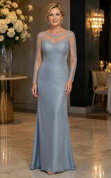 Steel Blue Sheath Lace Long Sleeve Mother Dress