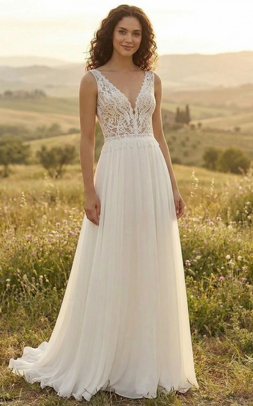 Boho Chiffon Wedding Dress A-Line V-Neck Lace Bodice Sleeveless Bridal Gown