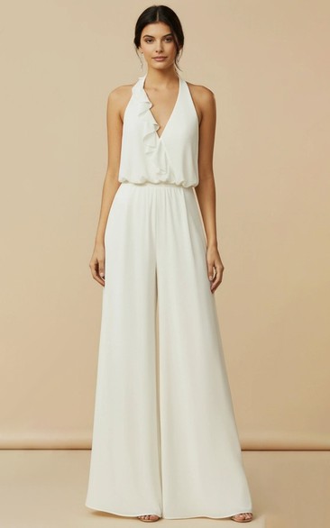 Ruffle V-Neck Pleated Wedding Jumpsuit