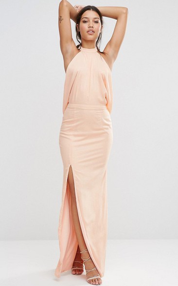Sheath High-Neck Sleeveless Long Split-Front Chiffon Bridesmaid Dress