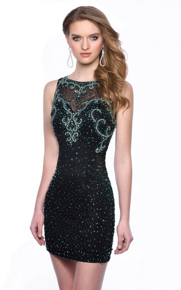 Sequined Bateau Neck Sleeveless Short Form-Fitted Homecoming Dress With Illusion Style