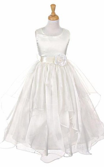 Ankle-Length Tiered Organza&Satin Flower Girl Dress