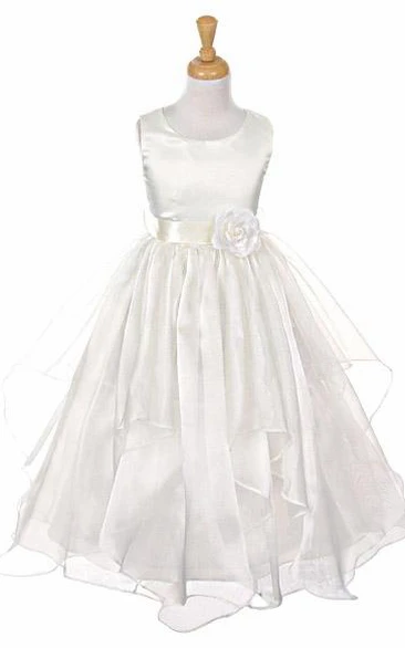 Ankle-Length Tiered Organza&Satin Flower Girl Dress