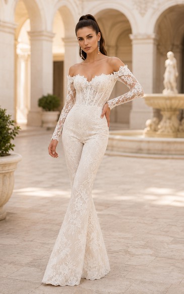 Ivory Off Shoulder Allover Lace Wedding Jumpsuit
