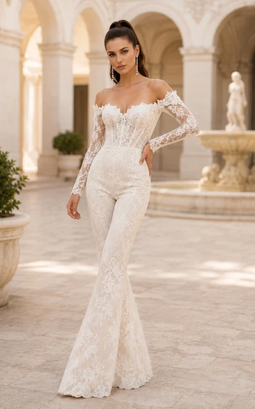 Ivory Off Shoulder Allover Lace Wedding Jumpsuit