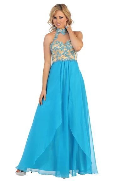 A-Line High Neck Sleeveless Chiffon Keyhole Dress With Appliques