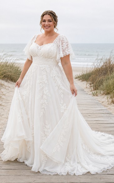 Plus Size Sweetheart Lace Tulle A-Line Beach Wedding Dress with Cap Sleeves