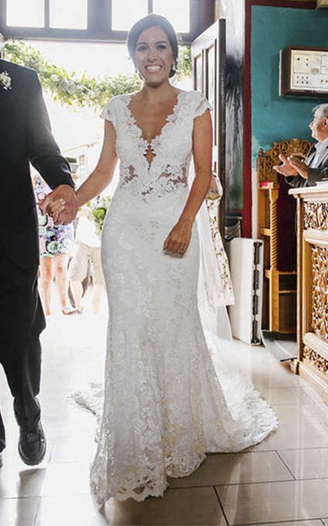 Illusion Tulle Back Cap Sleeves Sexy Mermaid Lace Bridal Elegance Gown With Court Train